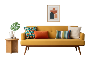 Stylish yellow sofa with decorative cushions and indoors isolated on transparent background