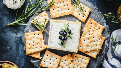 Gourmet cheese platter with crackers, olives, and rosemary on slate table