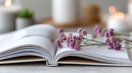 Open book with heart-shaped pages adorned by pink flowers on a white table in a sunlit room, creating a romantic atmosphere for Valentine's Day