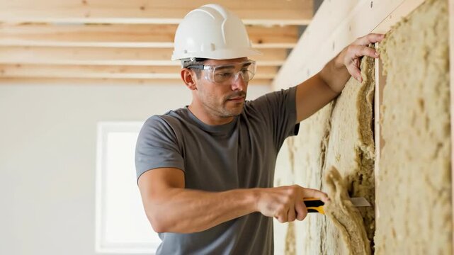Construction worker cutting insulation material in a wall frame. Builder installing thermal insulation with a knife during home renovation. Energy efficiency concept