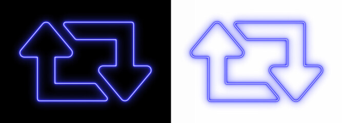 Blue neon upload and download arrows glowing on black and transparent backgrounds, bright data transfer outline icon for technology and UI design