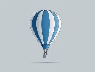 Fototapeta premium A cartoon-like hot air balloon, featuring alternating vertical stripes of blue and white, floats against a plain, neutral-grey background. The design is simple and modern