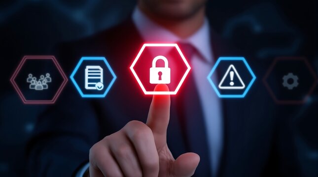 Businessman enabling security lock on futuristic interface - Powered by Adobe