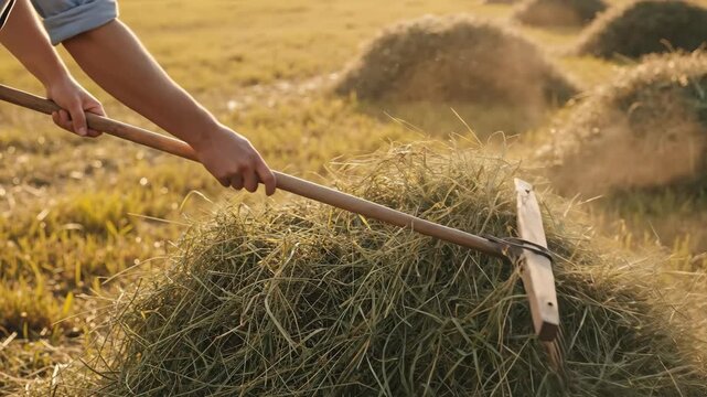 Close-up of a farmer raking dry hay into a pile with a wooden rake at sunset. Manual agricultural labor in a rural field during harvest season. Traditional farming concept