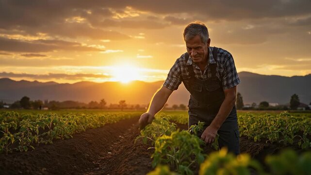 A smiling farmer tends to his crops in a field at sunset. Agricultural worker cultivating the land during the golden hour. Organic farming concept