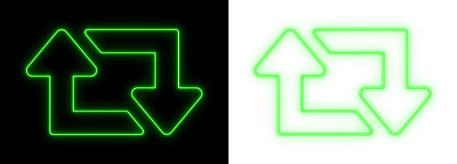 Green neon upload and download arrows glowing on black and transparent backgrounds, bright data transfer outline icon for technology and UI design