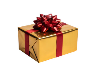 Obraz premium Golden gift box with red ribbon and bow, perfect for Christmas, birthday, or celebration on transparent background. PNG clip art for New Year card and holiday posters