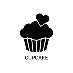 Black silhouette of a delightful cupcake adorned with a heart, symbolizing sweet love and simple charm Vector