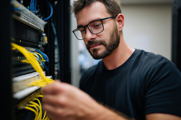 A technician focused on organizing network cables in a server rack, highlighting the importance of connectivity in modern technology and IT infrastructure management.