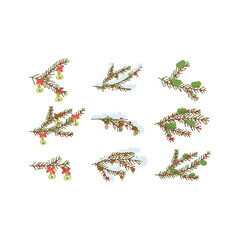 Sustainable Christmas artwork with hand-drawn branches, berries, apples, pears, mushrooms, and festive winter vibes.