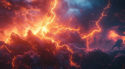 Fiery clouds filling the gloomy atmosphere, with intense bright orange lightning bolts and smaller particles creating a dramatic and powerful background texture