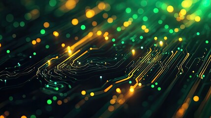 Abstract network of glowing green and yellow lines representing data flow and digital information connections on a dark background, illustrating computing and artificial intelligence concepts