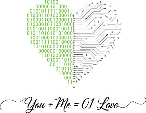 A unique digital love illustration blending binary code and circuit patterns into a heart symbol
