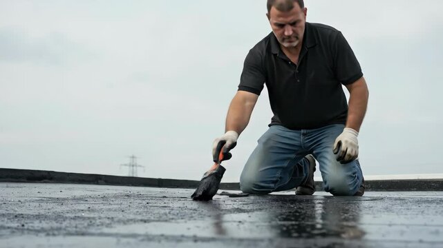 A construction worker applies black waterproofing sealant to a flat roof. Roofer using a brush for repair and maintenance. Manual labor and home improvement concept