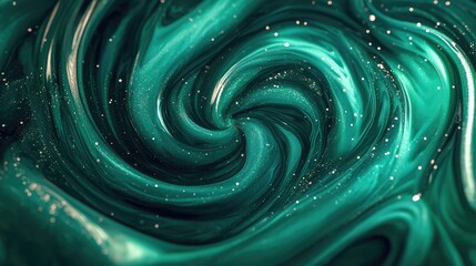 Emerald green liquid creates a flowing abstract vortex background, featuring metallic glitter details and organic undulating waves forming a dynamic pattern