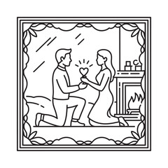 A romantic proposal scene with a couple near a cozy fireplace