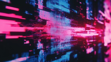 Abstract background showing a dynamic flow of digital data experiencing glitch effects and errors, creating a futuristic technology concept with vibrant neon pink and blue colors