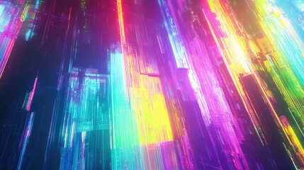 Abstract digital rendering showing neon glowing light lines and geometric shapes creating a futuristic technology background with vibrant, colorful energy and a sense of data flow