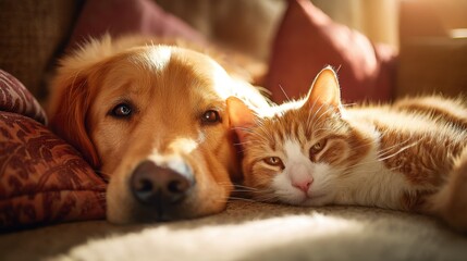 A golden retriever and an orange tabby cat are comfortably lying side by side on a couch. The sunlight fills the room highlighting their relaxed expressions and fur textures.
