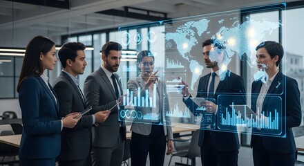 Business professionals collaborating around a futuristic holographic display showing global data analytics and market trends