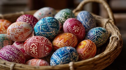 A woven basket filled with brightly colored easter eggs featuring intricate patterns. The scene captures the spirit of spring and seasonal festivities highlighting traditional craftsmanship.