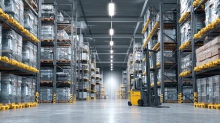 In a spacious warehouse neatly organized shelves are stacked high with boxes and products. A yellow forklift stands ready indicating active preparation for shipping and storage tasks.