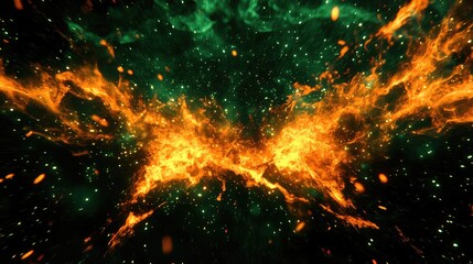Obraz premium Abstract background shows a dynamic cosmic nebula with vibrant orange and green energy glowing against a dark, star filled universe, representing power and motion