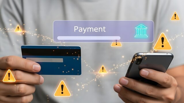Online payment failure warning with credit card and smartphone security alert - Powered by Adobe