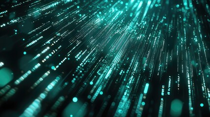 Digital data stream visualization of glowing particles and light trails on a dark teal background, illustrating network connections, internet communication and futuristic tech flow