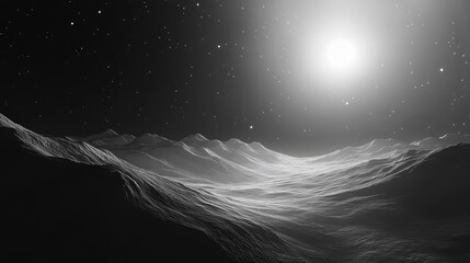Obraz premium Alien planet surface creating a desolate landscape under a star filled sky, illuminated by a brilliant celestial body, representing space exploration and the vastness of the universe