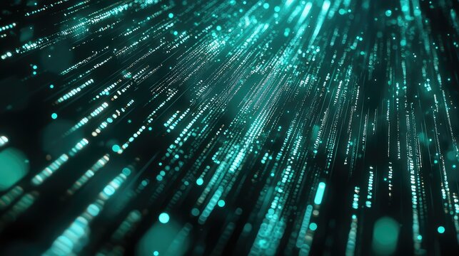 Digital data stream visualization of glowing particles and light trails on a dark teal background, illustrating network connections, internet communication and futuristic tech flow - Powered by Adobe
