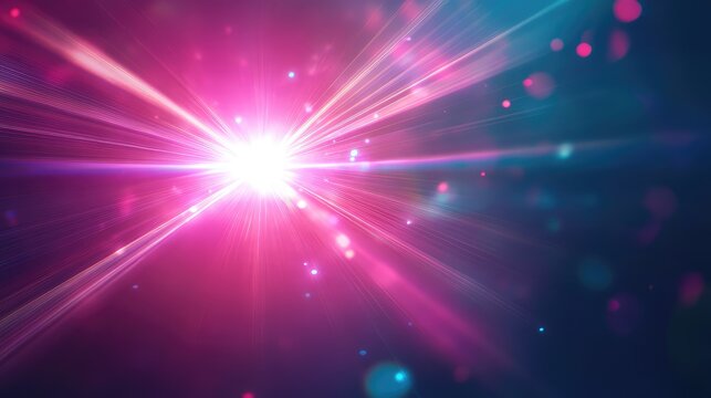Light burst radiating vivid pink and blue rays across a dark background with glowing streaks, lens flare and soft bokeh particles for a futuristic, dynamic energy effect