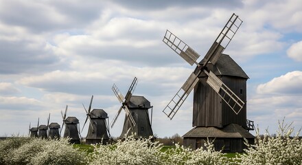 A row of historic wooden windmills in a blooming field under a cloudy sky