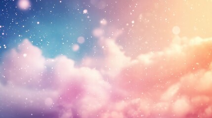 Pastel clouds creating a dreamy sky background with sparkling dust and soft bokeh lights, representing softness, imagination, and abstract beauty in a vibrant gradient