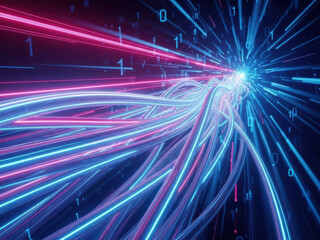 Obraz premium Abstract digital data stream with glowing neon cables and binary code