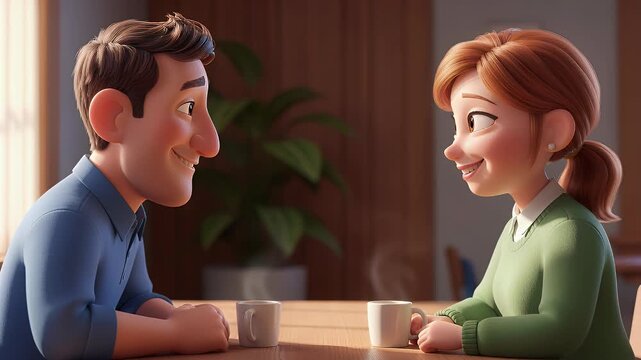Animated couple enjoying coffee inside room