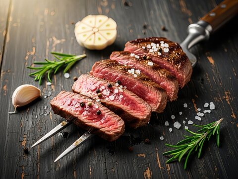 Sliced medium rare steak garnished with rosemary and garlic on a dark wooden board