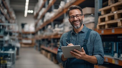 A man stands in a well stocked warehouse using a tablet to check inventory. He smiles clearly satisfied with his work. Shelves filled with goods surround him in the busy space.