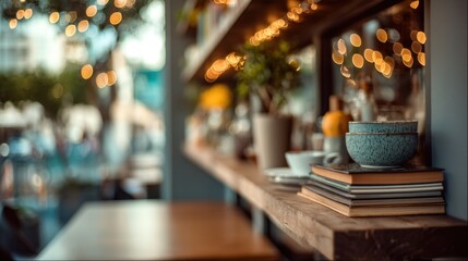 A warm and inviting cafe features a wooden shelf filled with books and plants illuminated by soft fairy lights. Tables are set for customers enjoying their drinks in a lively atmosphere.