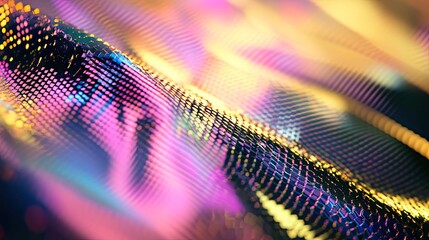 Abstract digital mesh creating a vibrant iridescent surface, showcasing flowing data and technological concepts with colorful light reflections and dynamic wavy patterns