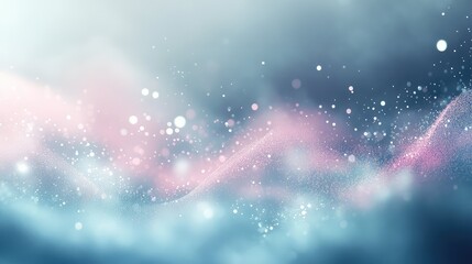 Abstract background showing flowing waves of sparkling pink and blue particles creating an ethereal, clean, and modern bokeh light effect with copy space