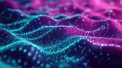 Abstract digital waves forming a network grid, symbolizing big data flow, artificial intelligence, and cybersecurity in a modern technological environment