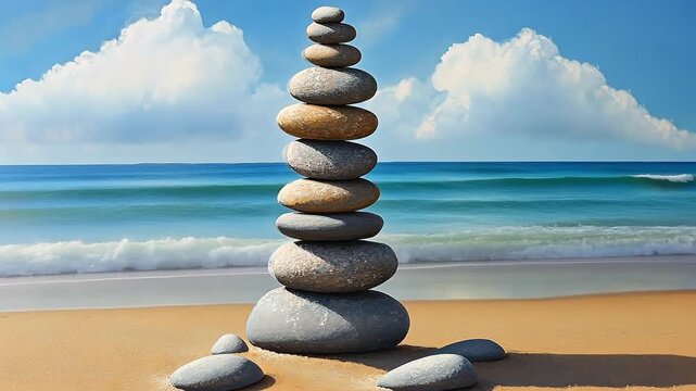 A stack of balanced stones on a sandy beach with ocean waves. Zen, meditation, and stability concept. Animated background with a blue sky and clouds