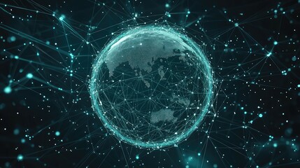 Digital earth showing interconnected points and lines, a concept representing global communication, advanced technology, data exchange, and worldwide connectivity on a dark background