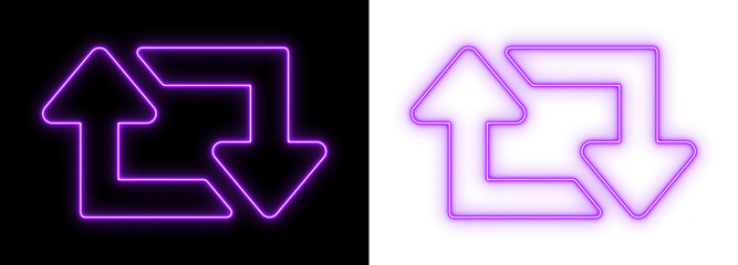 Purple neon upload and download arrows glowing on black and transparent backgrounds, bright data transfer outline icon for technology and UI design