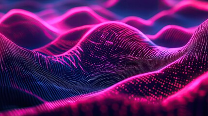 Abstract digital landscape showing interconnected data points forming a vibrant, glowing wave, representing technology, artificial intelligence, and big data visualization