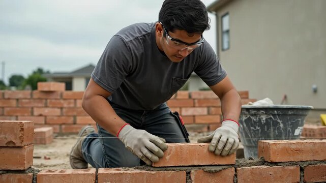 Construction worker laying bricks to build a wall. A skilled bricklayer working with mortar at a residential building site. Manual labor and craftsmanship
