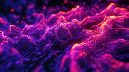 Abstract digital landscape featuring glowing lines and particles creating undulating forms in gradients of vibrant neon purple and pink, representing data, technology, and energy flow