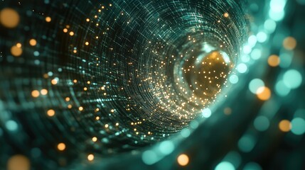 Digital data particles moving through an abstract, glowing fiber optic tunnel, representing concepts of high speed internet connection, global networking, and advanced technology infrastructure