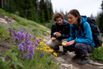 Fototapeta premium A couple exploring a scenic trail surrounded by vibrant wildflowers, reflecting a connection with nature and the joy of shared experiences in a beautiful outdoor setting.